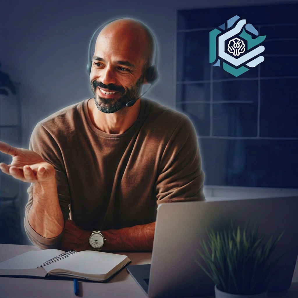 Jeison Burke, consultor IT de Cognitive IT Partners, atendiendo a un cliente con diadema desde su escritorio
